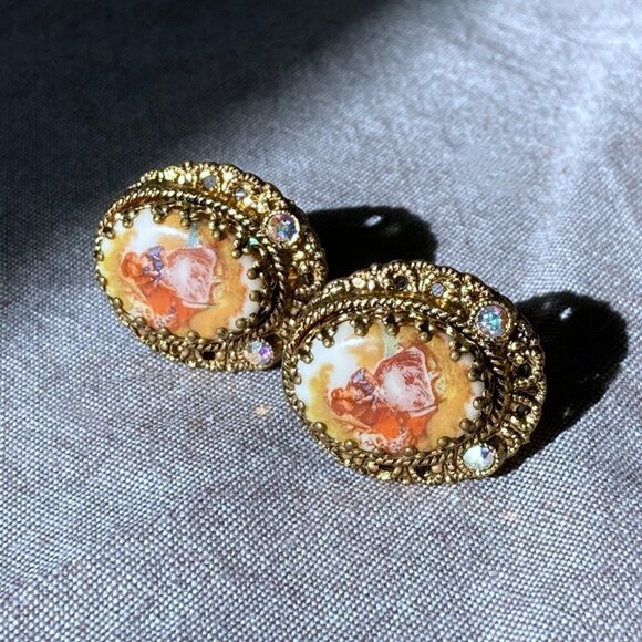 Vintage W. Germany, Gold-Toned, AB Crystals, Clip-On Earrings, Aurora Borealis - Picture 3 of 8